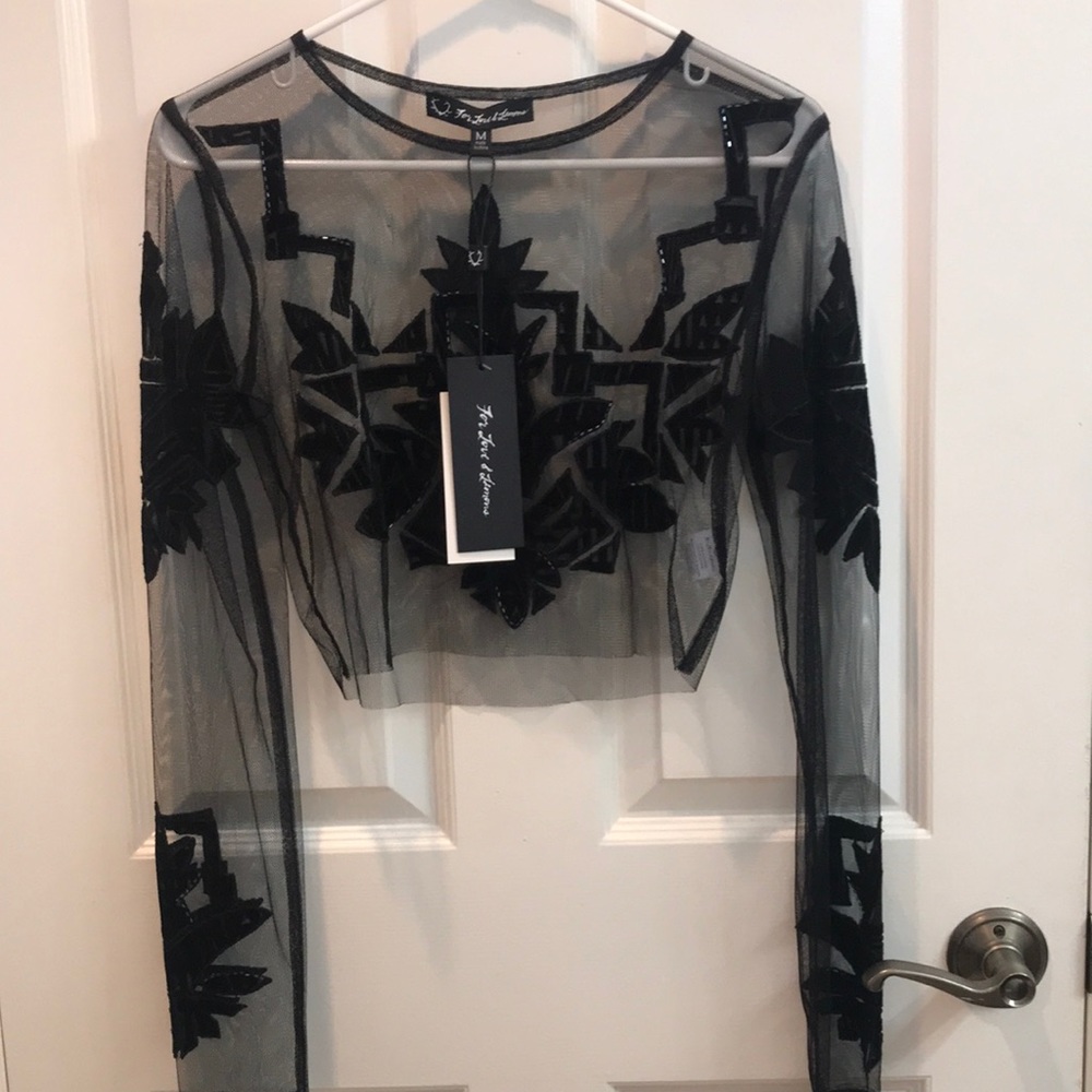 For Love and Lemons black sheer mesh and sequin bead cropped top